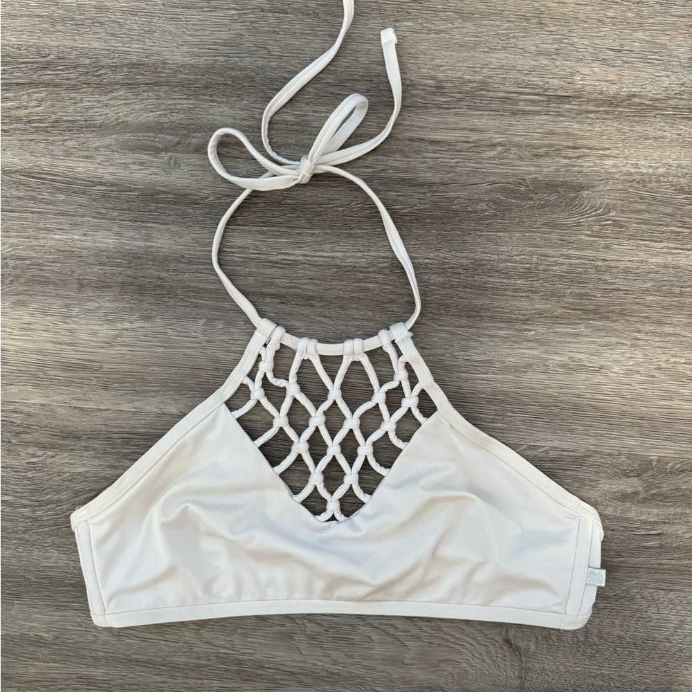 White Halter Bikini Top with Net Detail
